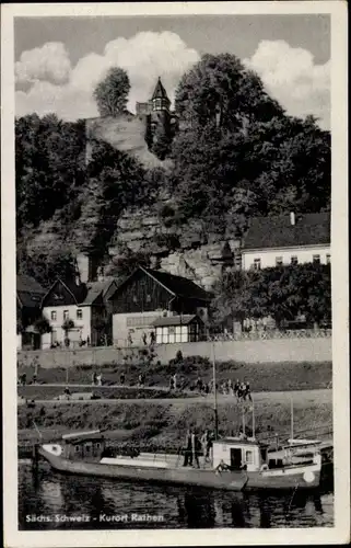 Ak Rathen an der Elbe Sächsische Schweiz, Teilansicht, Boot, Anlegestelle