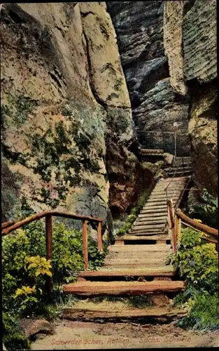 Ak Hohnstein Sächsische Schweiz, Schwedenlöcher, Treppe