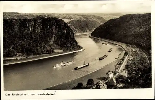 Ak Sankt Goarshausen am Rhein, Loreleyfelsen und das Rheintal, Schiffe