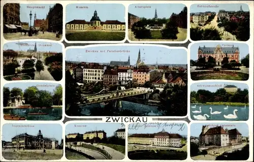 Ak Zwickau in Sachsen, Stadtansichten, Museum, Albertplatz, Postamt, Schloss, Seminar, Kaserne