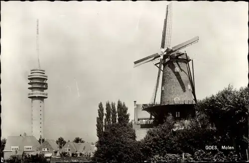 Ak Goes Zeeland Niederlande, Molen, Windmühle, Funkturm