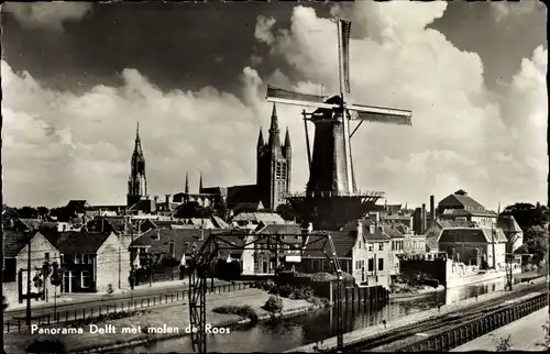 Ak Delft Südholland Niederlande, Panorama met molen de Roos