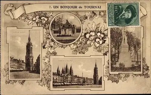 Ak Tournai Wallonien Hennegau, Un Bonjour de Tournai, Kirche, Denkmäler