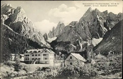 Ak Sexten Sesto Südtirol, Dolomitenhof im Fischleintal, Gebirge