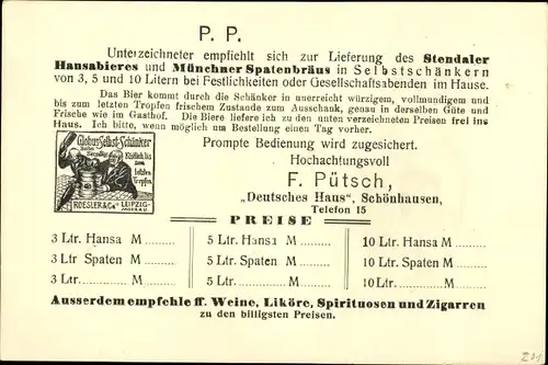 Ak Schönhausen Elbe, Gasthof Deutsches Haus, Fr. Pütsch, Reklame