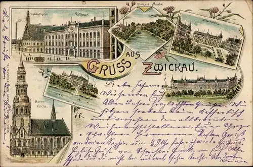Litho Zwickau in Sachsen, Rathaus, Gewandhaus, Kaserne, Kirche, Albertplatz, Mulde