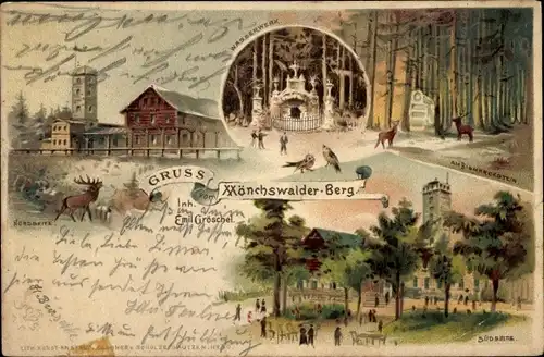 Litho Wilthen in der Oberlausitz, Mönchswalder Berg, Wasserwerk, Bismarckstein, Hirsche