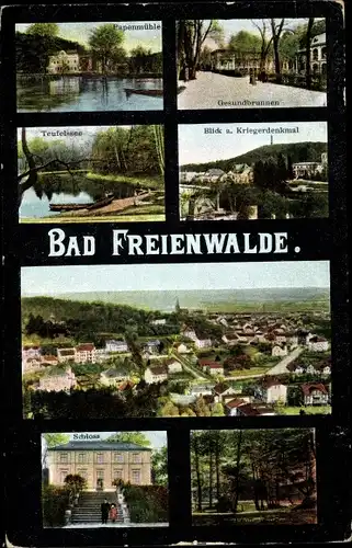 Ak Bad Freienwalde an der Oder, Teufelsee, Gesundbrunnen, Kriegerdenkmal