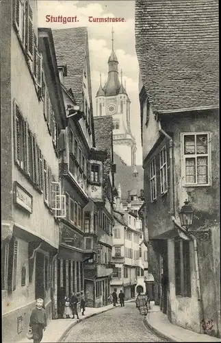 Ak Stuttgart in Baden Württemberg, Blick in die Turmstraße mit Passanten, Kirchturm