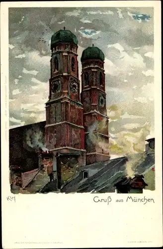 Künstler Litho Kley, Heinrich, München Bayern, Blick auf die Frauenkirche