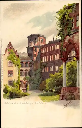 Künstler Litho Heidelberg am Neckar, Schlosshof des Heidelberger Schlosses