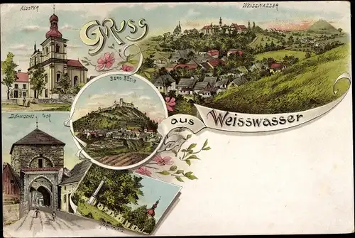 Litho Bělá pod Bezdězem Weißwasser Mittelböhmen, Kloster, Bad Bößig, Böhmisches Tor, Marktplatz