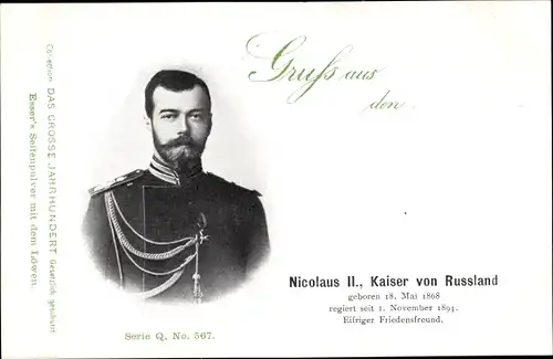 Ak Zar Nikolaus II. von Russland, Portrait, Das große Jahrhundert