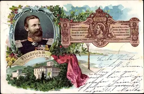 Litho Kaiser Friedrich III. von Preußen, Villa Zirio in San Remo, Verband Deutscher Kriegsveteranen