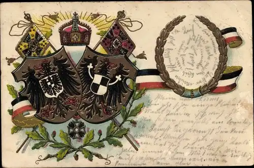 Präge Wappen Litho Kaiserkrone, Orden, Fahnen, Ansprache des Kaisers