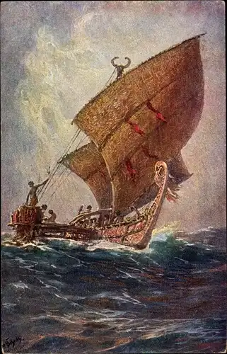 Künstler Ak Bohrdt, Hans, Papua Neuguinea, Das letzte Boot von der Insel Agomes, Kolonialkriegerdank