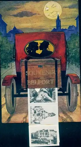 Leporello Ak Belfort Beffert Beffort Territoire de Belfort, Monument, Liebespaar im Wagen, Mond