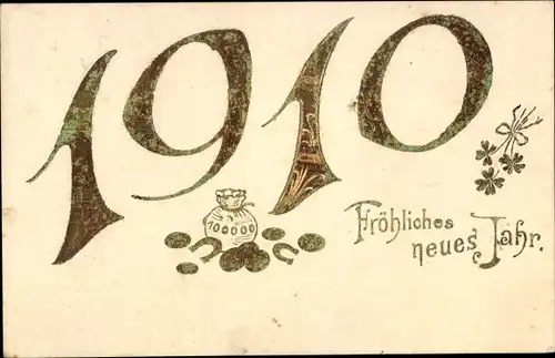 Präge Ak Glückwunsch Neujahr 1910, Glücksklee, Geldsack, Hufeisen