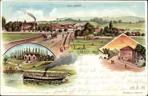 Litho Moulins Allier, Totalansicht vom Ort, Moulin, Dampfboot