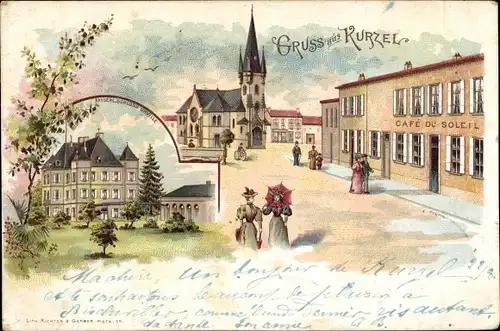 Litho Courcelles Chaussy Kurzel Lothringen Moselle, Schloss, Cafe du Soleil, Kirche