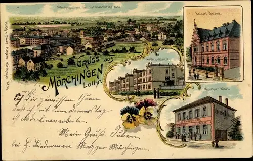 Litho Morhange Mörchingen Lothringen Moselle, Münchner Kindl, Postamt, Kaserne, Totalansicht