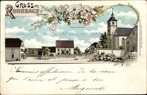 Litho Rohrbach lès Bitche Lothringen Moselle, Partie vor der Kirche