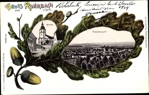 Eichenblatt Litho Rohrbach lès Bitche Lothringen Moselle, Kirche, Totalansicht