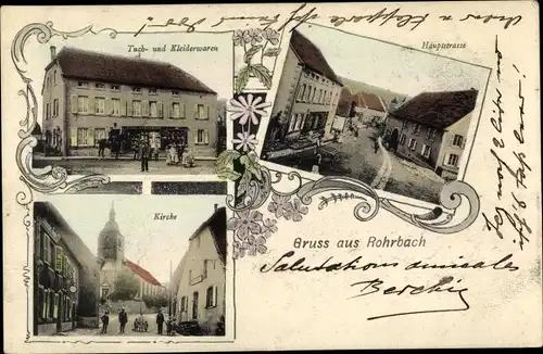 Ak Rohrbach lès Bitche Lothringen Moselle, Hauptstraße, Kleiderwarenhandlung, Kirche