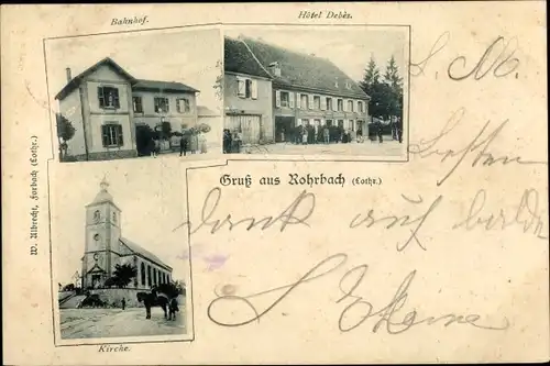 Ak Rohrbach lès Bitche Lothringen Moselle, Bahnhof, Hotel Debes, Kirche