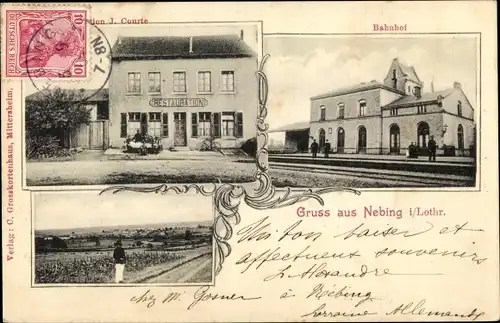 Ak Nebing Lothringen Moselle, Bahnhof, Gleisseite, Restaurant