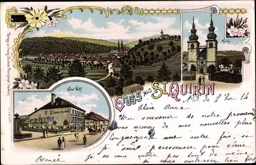 Litho Saint Quirin Lothringen Moselle, Kirche, Gasthaus, Blick auf den Ort