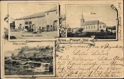 Ak Filstroff Filsdorf an der Nied Lothringen Moselle, Kirche, Gasthaus Lombard, Mühle, Weiher