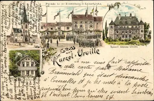 Litho Courcelles Chaussy Kurzel Urville Lothringen Moselle, Schloss, Kaiserkirche, Parade