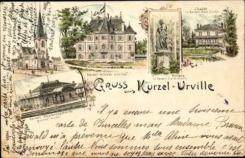 Litho Courcelles Chaussy Kurzel Urville Lothringen Moselle, Schloss, Bahnhof, Gleisseite