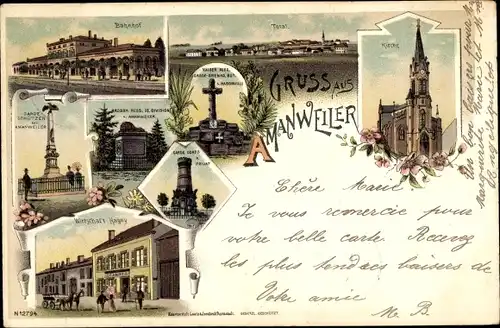 Litho Amanweiler Moselle, Bahnhof, Gardeschützen, Total, Kirche, Wirtschaft, Kriegerdenkmal