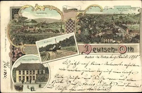 Litho Audun le Tiche Deutschoth Moselle, Hotel Mayer, Blick auf den Ort, Schienen