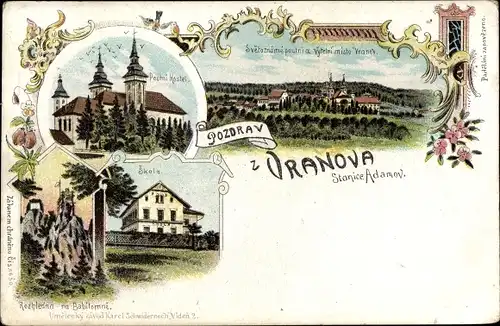 Litho Vranov Südmähren, Kirche, Schule, Ortsansicht, Stanice Adamov