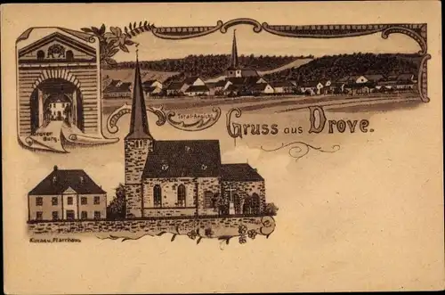Litho Drove Kreuzau in der Eifel, Kirche, Pfarrhaus, Burg, Blick auf den Ort