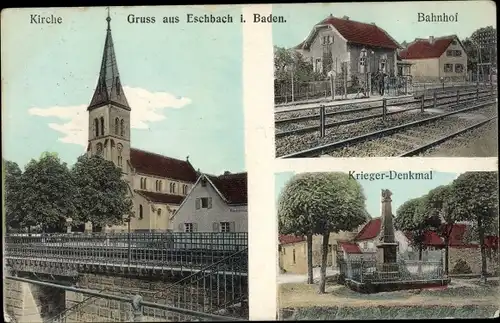 Ak Eschbach im Markgräflerland, Bahnhof, Gleisseite, Kirche, Kriegerdenkmal