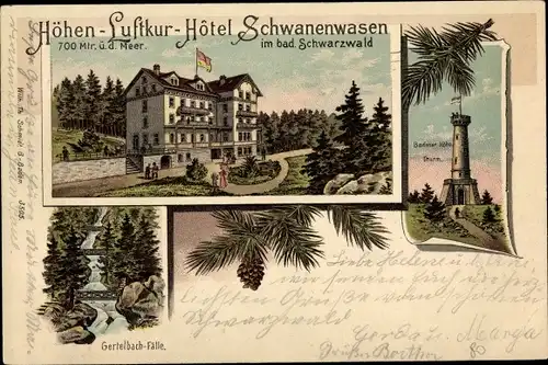 Litho Bühlertal im Schwarzwald, Hotel Schwanenwasen, Gertelbach Fälle, Aussichtsturm