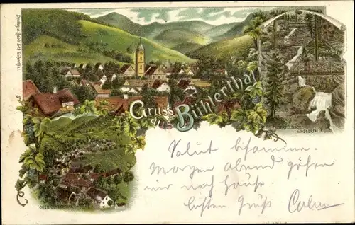 Litho Bühlertal im Schwarzwald, Gertelbach Wasserfall, Blick auf den Ort