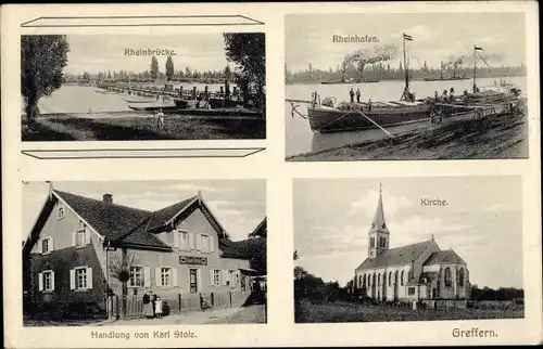 Ak Greffern Rheinmünster am Rhein, Rheinbrücke, Kirche, Handlung, Hafenpartie