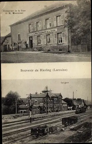 Ak Réding Rieding Lothringen Moselle, Bahnhof, Gleisseite, Restaurant de la Gare