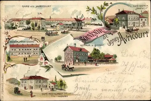 Litho Igney Avricourt Meurthe-et-Moselle, Gare, Maison Printemps, Restaurant de l'Est, Cafe Prevot