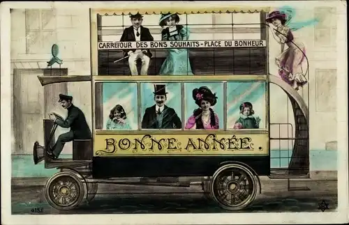 Ak Glückwunsch Neujahr, Personen in einem Autobus, Fotomontage