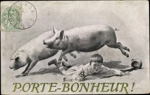Ak Porte Bonheur, zwei Schweine springen über einen Jungen