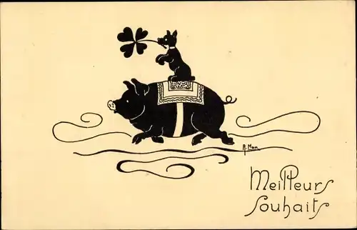 Künstler Ak Meilleurs Souhaits, Hund reitet auf einem Schwein, Kleeblatt