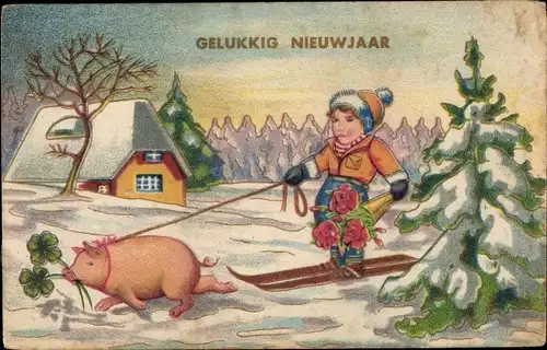 Ak Glückwunsch Neujahr, Schwein zieht Kind auf Skiern, Kleeblätter