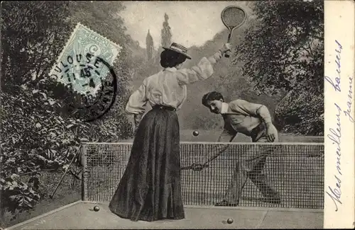 Ak Mann und Frau spielen Tennis
