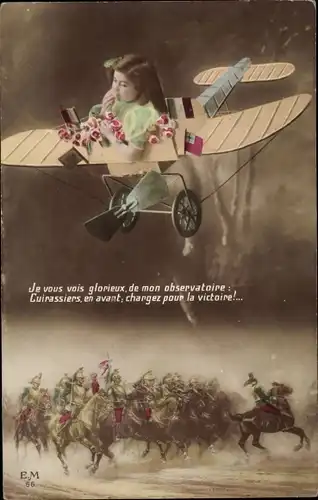 Ak Mädchen in einem Flugzeug, französische Soldaten, Je vous vois glorieux, Fotomontage